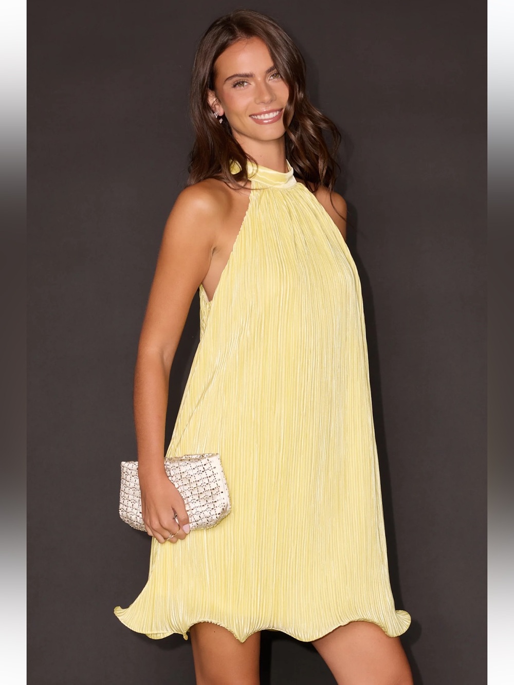 Lulus Vaivah Light Yellow Satin Plisse Mock Neck Swing Mini Dress Small